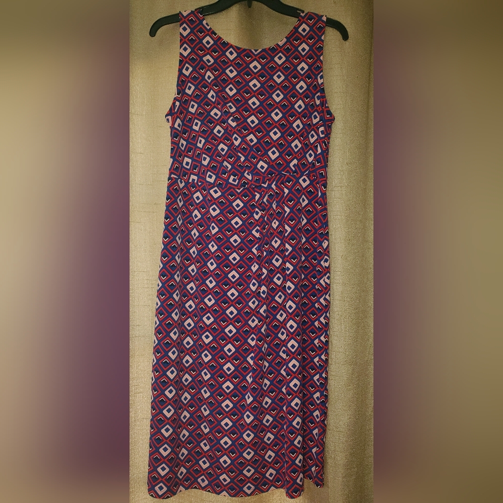 Motherhood Maternity sleeveless pullover dress Blue & Pink geometric design